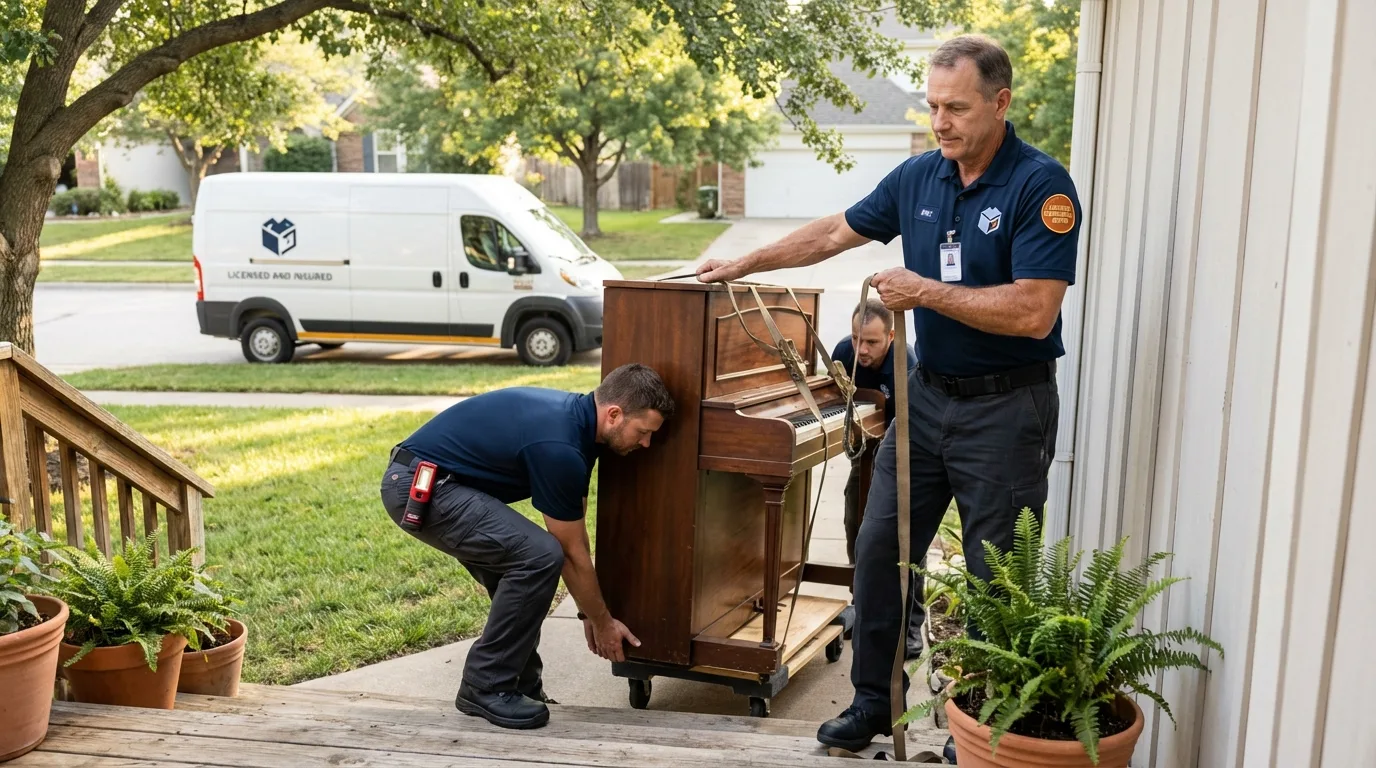 Licensed piano movers securing grand piano in Highmore, SD