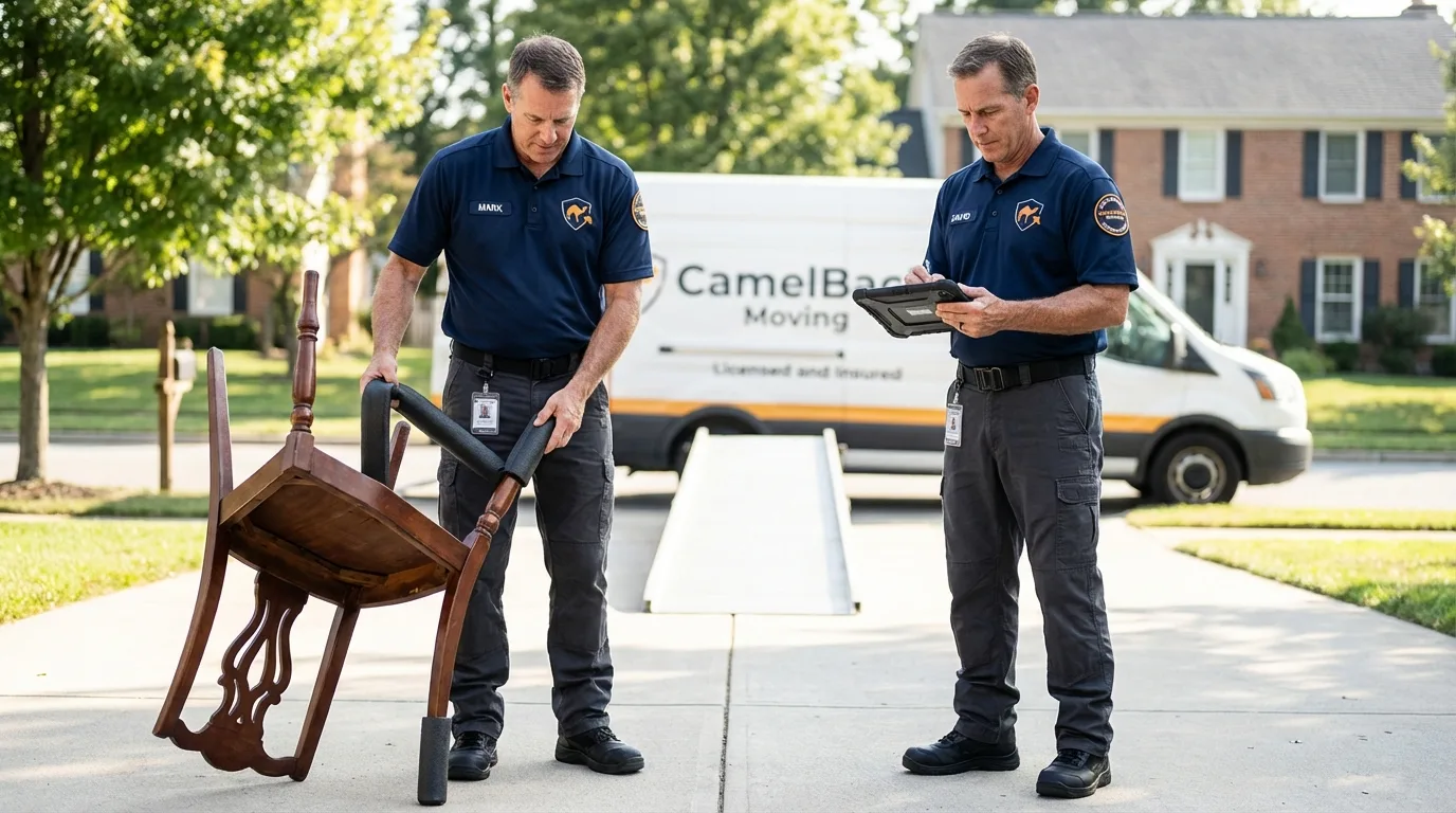 Movers inspecting furniture for damage prevention before loading in Highmore, SD